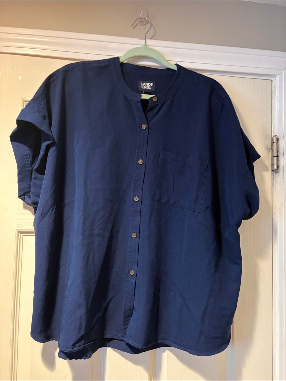 Lands' End Women's Short-Sleeve Button Front Shirt in Deep Navy 2X